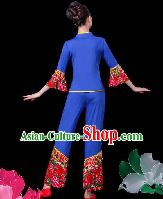 China Jiaozhou Yangko Dance Royalblue Uniforms Fan Dance Clothing Folk Dance Costume