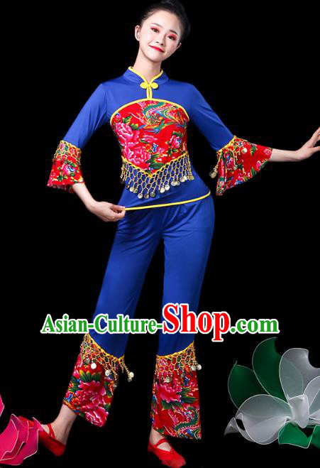 China Jiaozhou Yangko Dance Royalblue Uniforms Fan Dance Clothing Folk Dance Costume