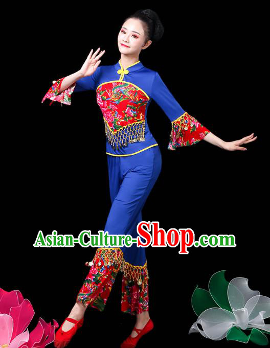 China Jiaozhou Yangko Dance Royalblue Uniforms Fan Dance Clothing Folk Dance Costume