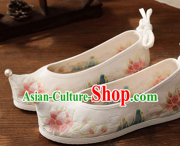 China White Embroidered Lotus Shoes Handmade Hanfu Bow Shoes Traditional National Woman Cloth Shoes
