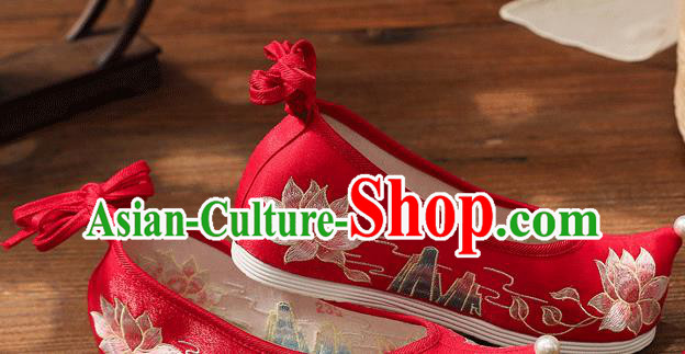 China Handmade Bride Bow Shoes Traditional Wedding Shoes Embroidered Lotus Shoes Hanfu Shoes