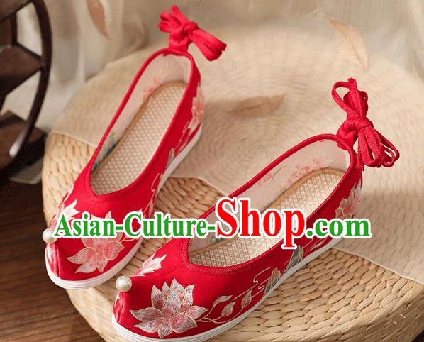 China Handmade Bride Bow Shoes Traditional Wedding Shoes Embroidered Lotus Shoes Hanfu Shoes