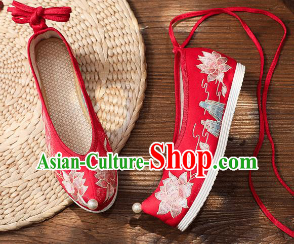 China Handmade Bride Bow Shoes Traditional Wedding Shoes Embroidered Lotus Shoes Hanfu Shoes