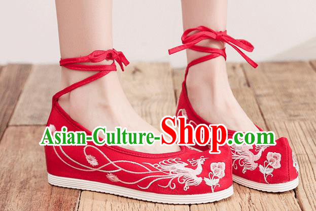 China Wedding Shoes Embroidered Phoenix Shoes Handmade Bride Red Bow Shoes