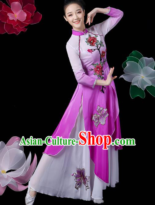 Chinese Traditional Woman Solo Dance Purple Outfits Classical Dance Clothing Umbrella Dance Dress