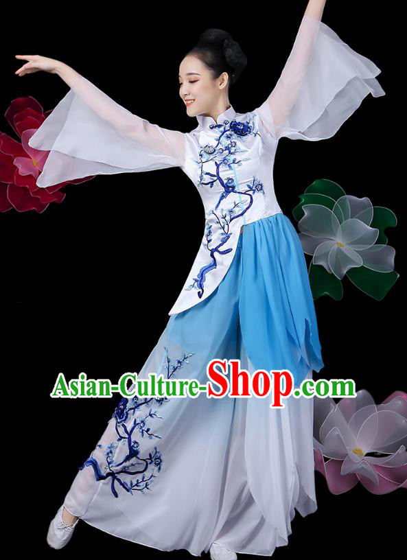 Chinese Umbrella Dance Dress Traditional Woman Solo Dance Embroidered White Outfits Classical Dance Clothing