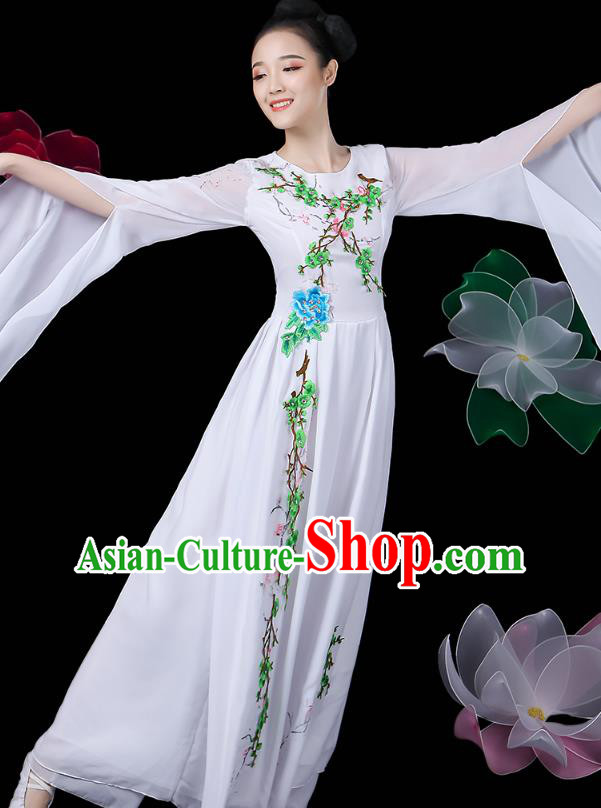 Chinese Classical Dance Clothing Umbrella Dance Embroidered White Dress Traditional Woman Solo Dance Costume