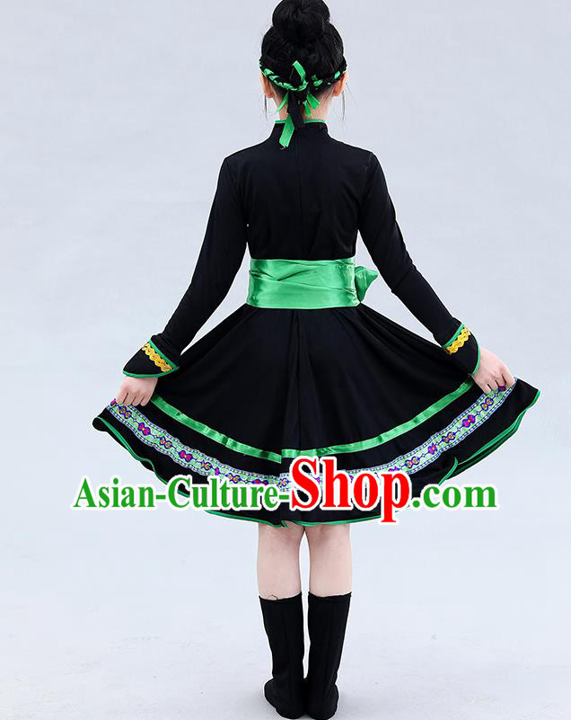 Chinese Mongolian Ethnic Children Costume Traditional Mongol Nationality Folk Dance Black Short Dress