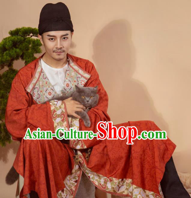 China Ancient Tang Dynasty Swordsman Historical Clothing Red Silk Round Collar Robe