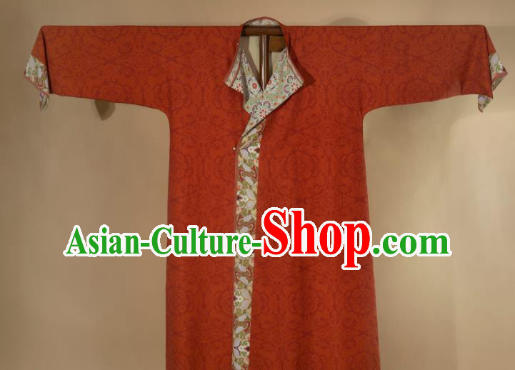China Ancient Tang Dynasty Swordsman Historical Clothing Red Silk Round Collar Robe