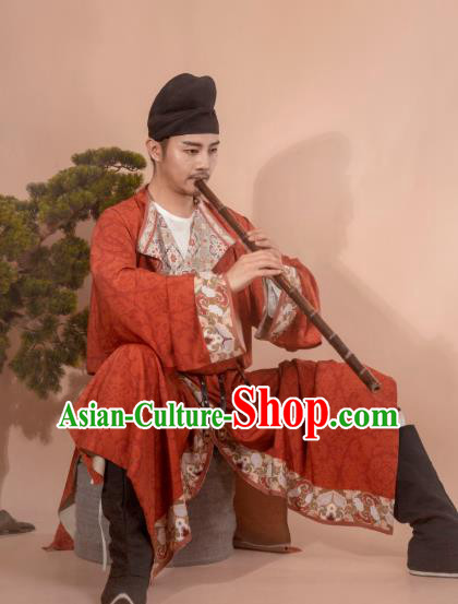 China Ancient Tang Dynasty Swordsman Historical Clothing Red Silk Round Collar Robe