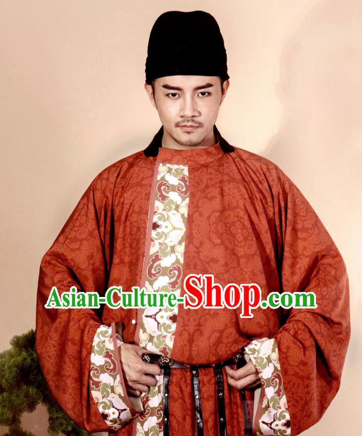 China Ancient Tang Dynasty Swordsman Historical Clothing Red Silk Round Collar Robe