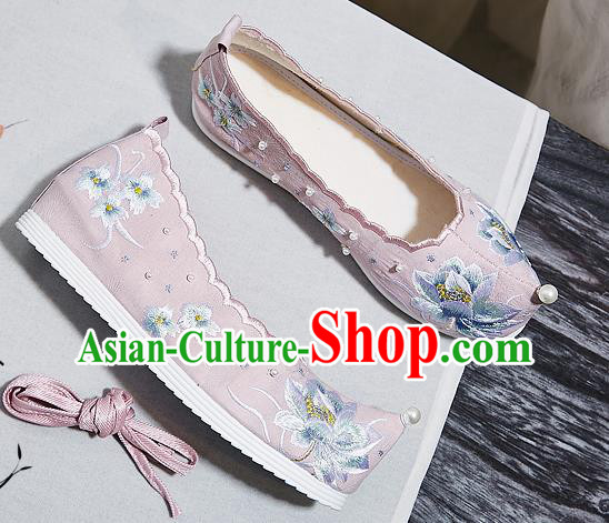 China Embroidered Lotus Pink Shoes National Bow Shoes Traditional Princess Hanfu Pearls Shoes