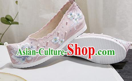 China Embroidered Lotus Pink Shoes National Bow Shoes Traditional Princess Hanfu Pearls Shoes