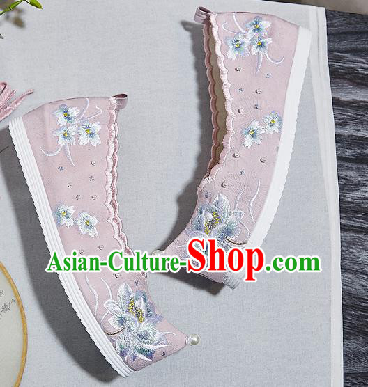 China Embroidered Lotus Pink Shoes National Bow Shoes Traditional Princess Hanfu Pearls Shoes