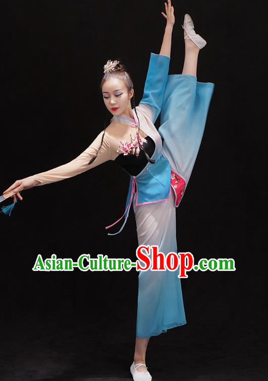 China Women Group Dance Performance Costume Yangko Dance Blue Uniforms Folk Dance Fan Dance Clothing