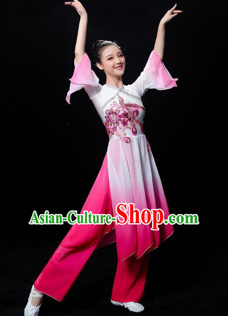 Chinese Jasmine Dance Dress Traditional Umbrella Dance Rosy Outfits Classical Dance Clothing