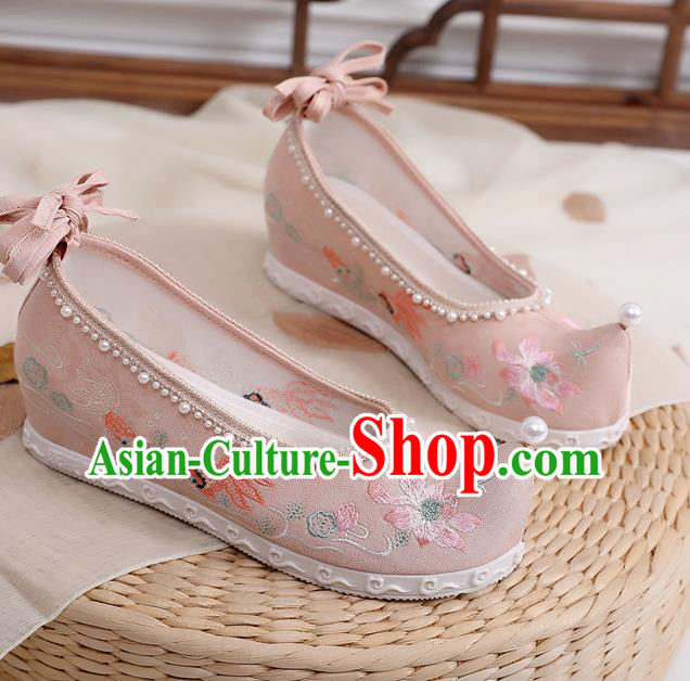 China Ancient Ming Dynasty Princess Shoes Embroidered Lotus Goldfish Pink Shoes Traditional Hanfu Shoes