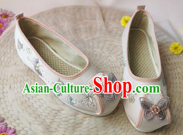Chinese National Winter Wedge Heel Shoes Traditional Embroidered Beige Satin Shoes Classical Hanfu Shoes