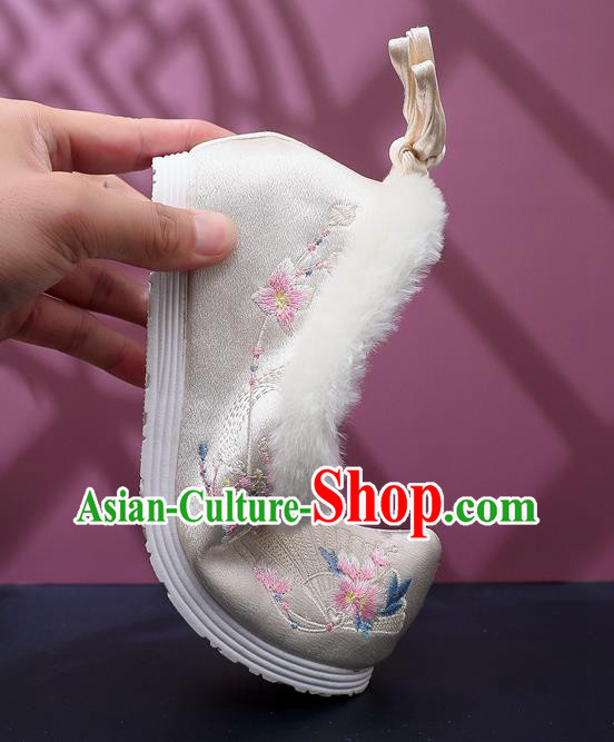 Chinese Traditional Embroidered Beige Satin Shoes Classical Wedge Heel Shoes National Winter Shoes