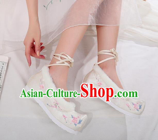 Chinese Traditional Embroidered Beige Satin Shoes Classical Wedge Heel Shoes National Winter Shoes
