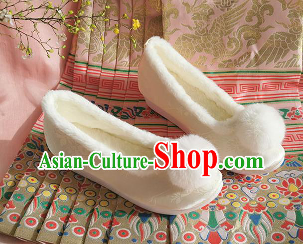 China Ancient Fairy Shoes Traditional Hanfu Beige Satin Shoes Ming Dynasty Princess Shoes