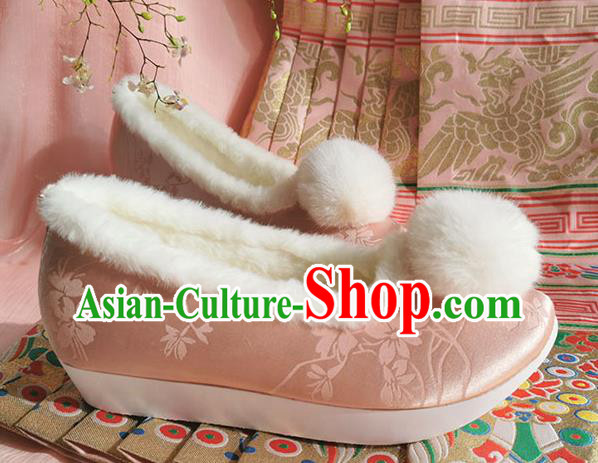 China Ancient Hanfu Winter Shoes Traditional Pink Satin Shoes Ming Dynasty Princess Shoes