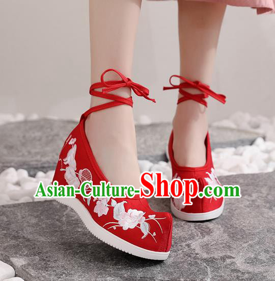 Chinese Embroidered Flowers Shoes National Woman Shoes Traditional Red Satin Wedge Heel Shoes