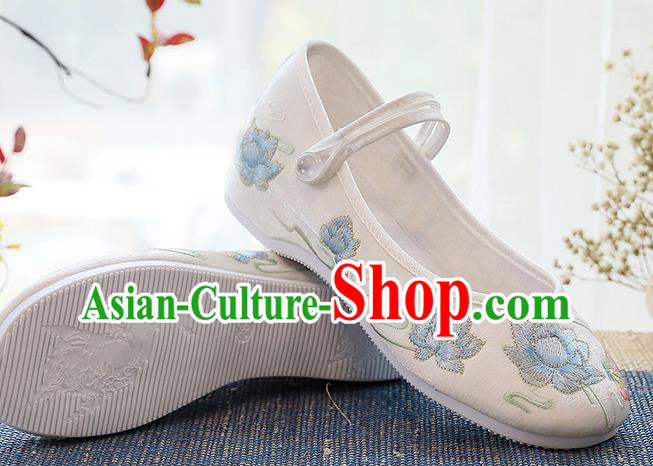 Chinese Embroidered Lotus White Shoes National Woman Shoes Traditional Classical Dance Shoes
