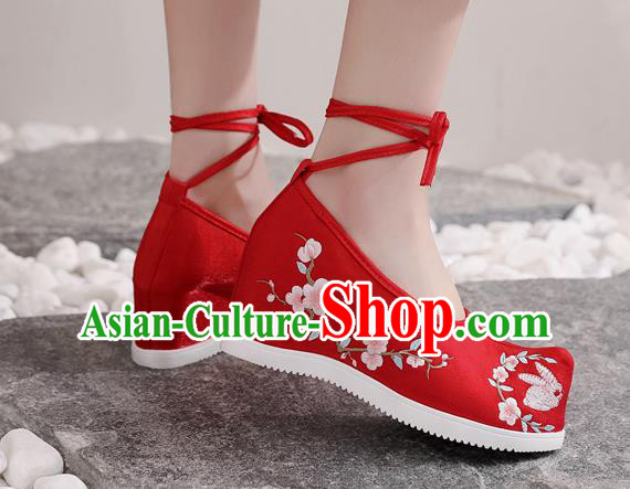 Chinese Traditional Hanfu Wedge Heel Shoes Embroidered Red Satin Shoes National Woman Shoes