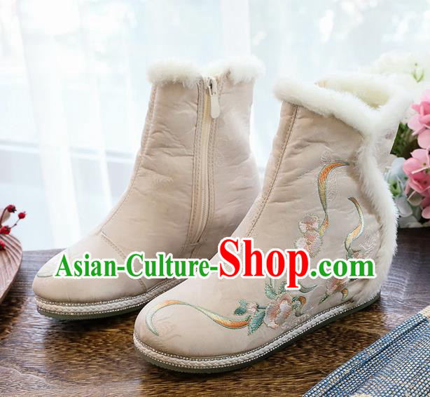 Chinese National Winter Boots Traditional Ancient Swordswoman Shoes Embroidered Grey Cloth Boots
