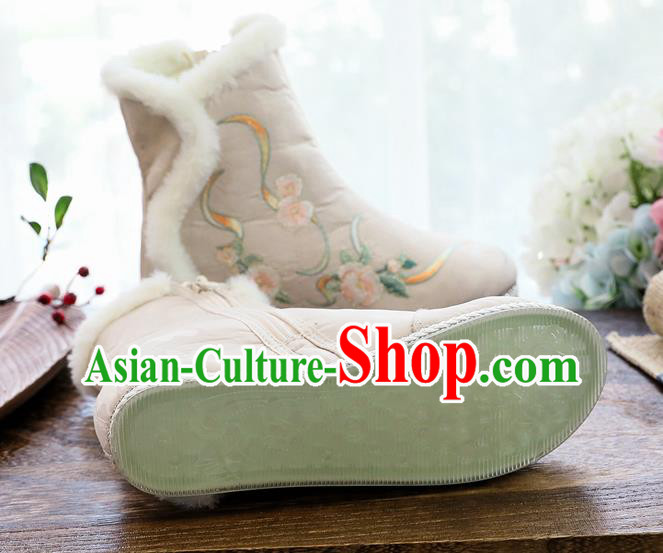 Chinese National Winter Boots Traditional Ancient Swordswoman Shoes Embroidered Grey Cloth Boots
