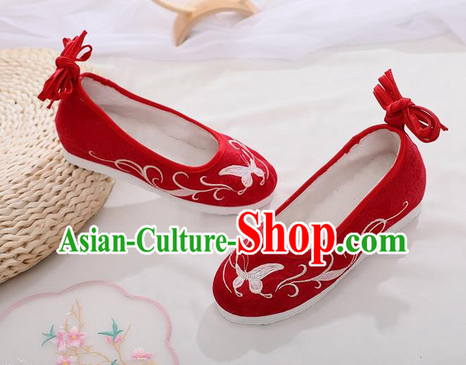 Chinese Woman Embroidered Butterfly Shoes National Red Cloth Shoes Traditional Folk Dance Shoes