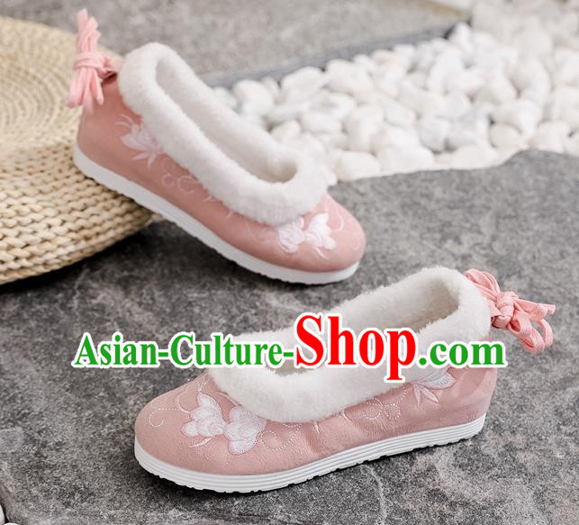 Chinese Traditional Hanfu Young Lady Shoes Pink Embroidered Shoes National Winter Cloth Shoes