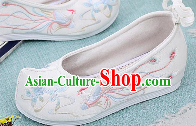 China Ancient Princess Hanfu Shoes Classical Dance Bow Shoes Embroidered Phoenix White Cloth Shoes