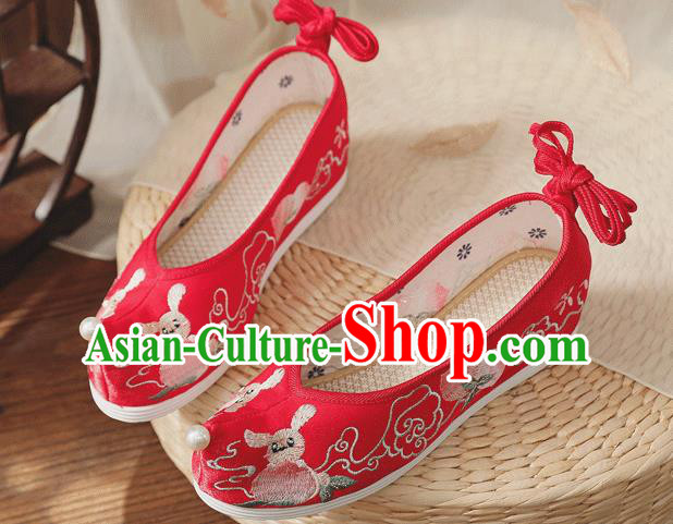 China Handmade Wedding Red Cloth Bow Shoes Folk Dance Shoes Embroidered Peach Shoes