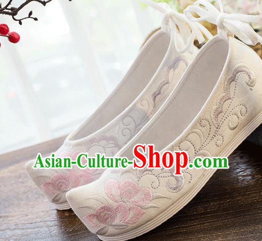 China Embroidered White Cloth Bow Shoes Traditional Hanfu Shoes Handmade Folk Dance Shoes