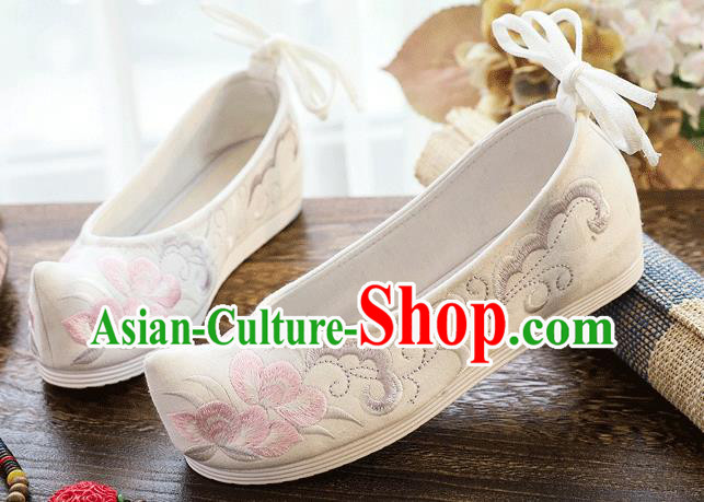 China Embroidered White Cloth Bow Shoes Traditional Hanfu Shoes Handmade Folk Dance Shoes