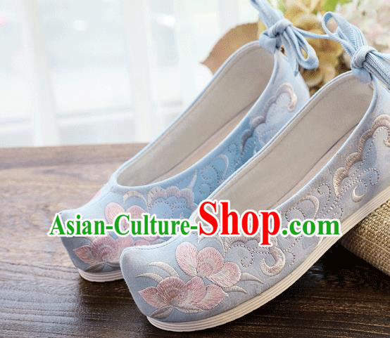 China Handmade Folk Dance Shoes Embroidered Blue Cloth Bow Shoes Traditional Hanfu Shoes