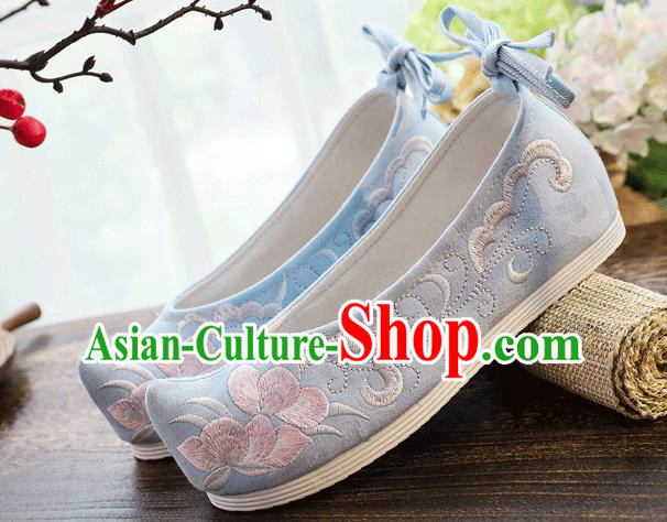 China Handmade Folk Dance Shoes Embroidered Blue Cloth Bow Shoes Traditional Hanfu Shoes
