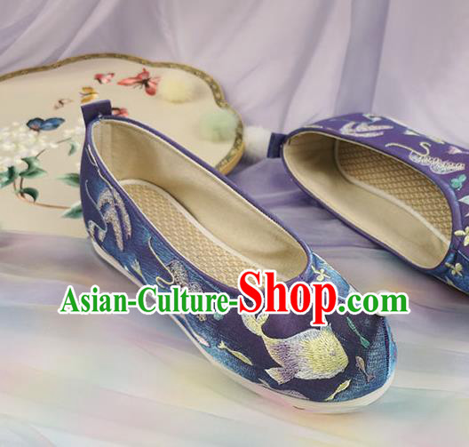China Handmade Ming Dynasty Bow Shoes Ancient Princess Embroidered Shoes Traditional Hanfu Purple Satin Shoes