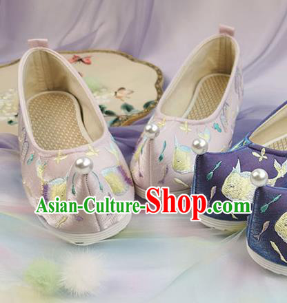 China Traditional Hanfu Pink Cloth Shoes Handmade Ming Dynasty Bow Shoes Ancient Princess Embroidered Shoes