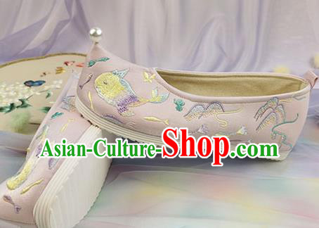 China Traditional Hanfu Pink Cloth Shoes Handmade Ming Dynasty Bow Shoes Ancient Princess Embroidered Shoes