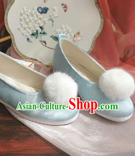 China Handmade Ming Dynasty Light Blue Satin Shoes Ancient Princess Shoes Traditional Hanfu Shoes