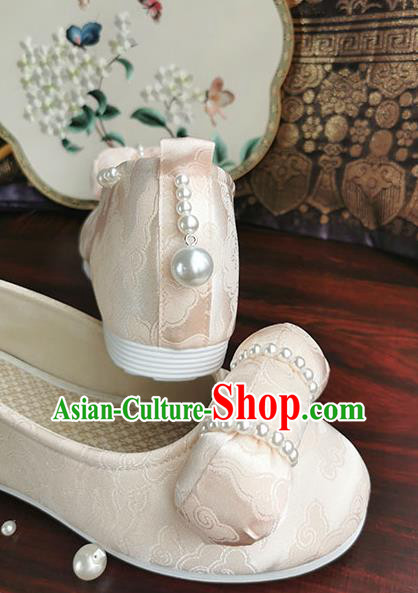 China Ancient Jin Dynasty Princess Shoes Handmade Champagne Cloth Shoes Traditional Hanfu Pearls Shoes
