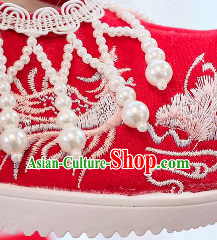 China Traditional Wedding Bride Shoes Handmade Pearls Tassel Wedge Shoes Red Embroidered Shoes
