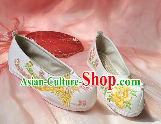 China Traditional Ming Dynasty Hanfu Shoes Ancient Princess White Shoes Classical Embroidered Phoenix Shoes