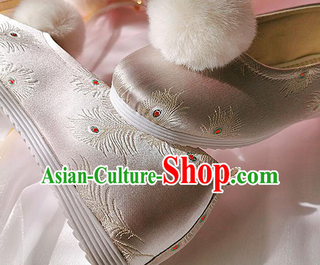 China Ancient Princess Shoes Classical Pink Brocade Shoes Traditional Hanfu Embroidered Peacock Feather Shoes