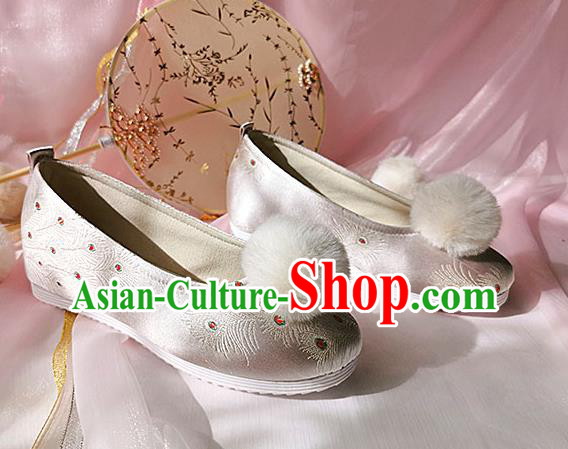 China Ancient Princess Shoes Classical Pink Brocade Shoes Traditional Hanfu Embroidered Peacock Feather Shoes