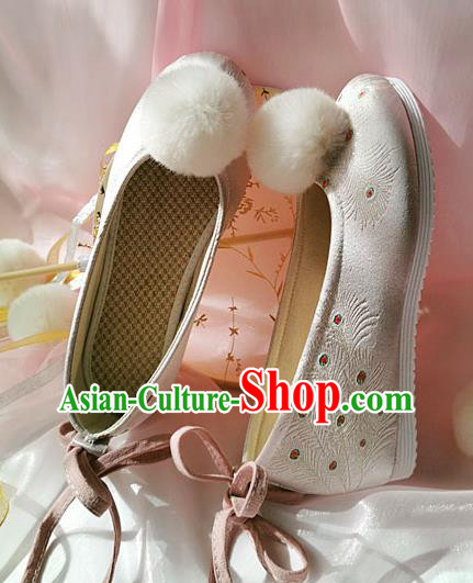 China Ancient Princess Shoes Classical Pink Brocade Shoes Traditional Hanfu Embroidered Peacock Feather Shoes